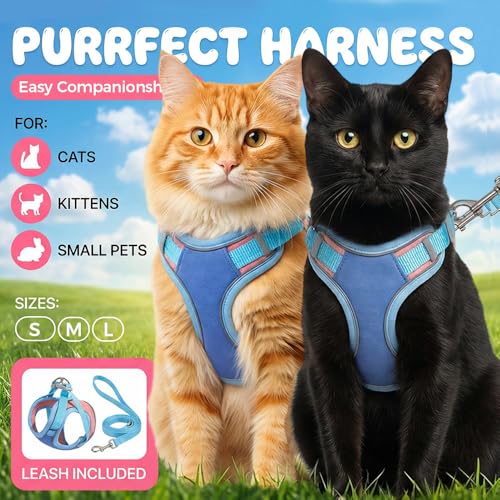 Cat Harness and Leash, Escape-Proof Cat Harness Set, Adjustable Step-in Pet Harness for Walking for Small Medium Cats (Blu...