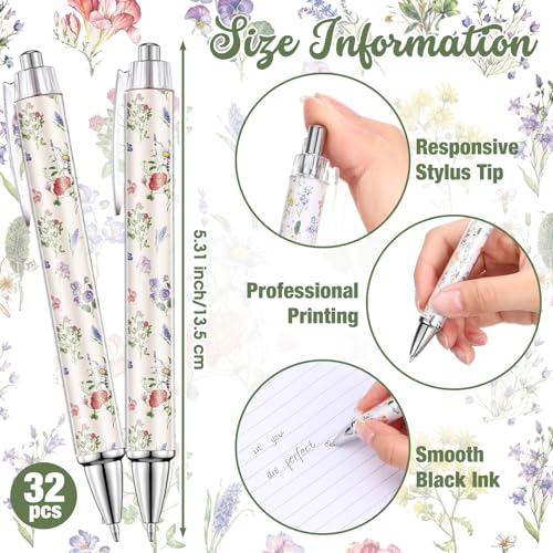 Spakon 32 Pcs Wildflower Ballpoint Pens Floral Art Novelty Gifts for Women 1.00 mm Black Ink Fashionable Retractable Ballp...
