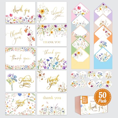 Decorably 50 Pack Gold Foiled 6x4in Wildflower Thank You Cards Wedding with Envelopes and Stickers, 10 Folded Watercolor F...