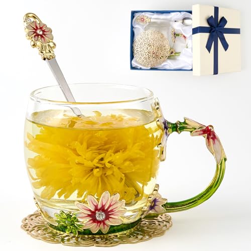 Flower Tea Cup ,Daisy Flower Clear Glass Fancy Coffee Cup with Spoon,Gift Box for Her Mom Wife Grandma Girls Friends Valen...