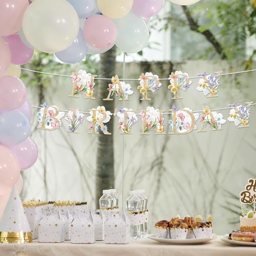 Lemicin Flower Butterfly Happy Birthday Banner Boho Wildflower and Butterflies Baby Banner Flower Birthday Decorations for...