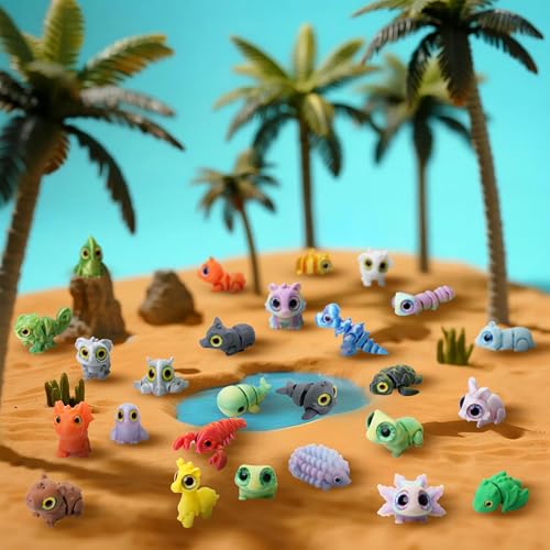 Laehovr 25PC Mini 3D Printed Animals Set with Shining Eyes - Articulated Desk Pets Collection, Mini Animals Figures for Cl...