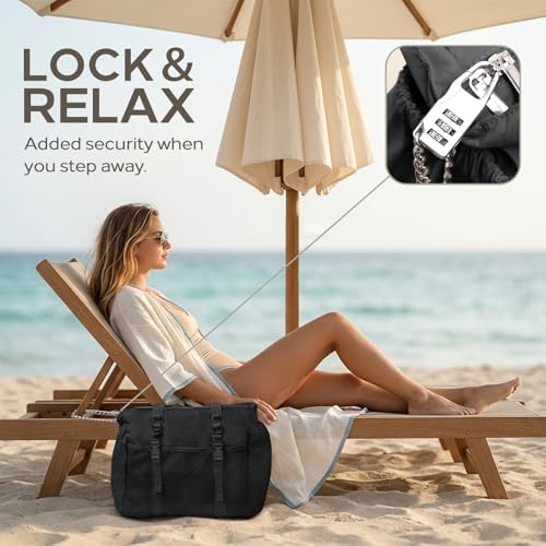 Omanmoli Beach Bag for Women Tote Bag Large with Anti-theft Lock & Chain,40oz Holder,Cruise Travel Vacation Picnic Pool Gy...