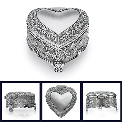 Hipiwe Vintage Heart Shape Jewelry Box - Antique Ring/Earrings/Necklace Storage Organizer Case, Metal Treasure Chest Trink...