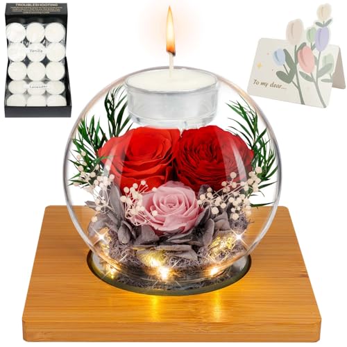 ENERLEAF Preserved Red Real Rose in Glass with Scented Candles–Forever Flower Romantic Anniversary Mothers Day Christmas B...