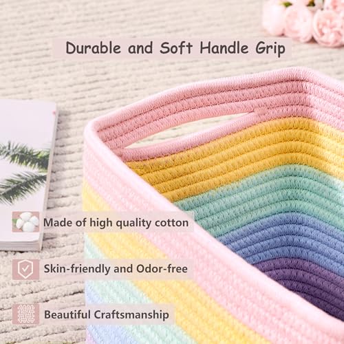 ENAORGAN Set of 4 Rainbow Rope Basket for Shelves Woven Rectangle Storage Basket Bins for Nursery Toy Storage for Baby Girl