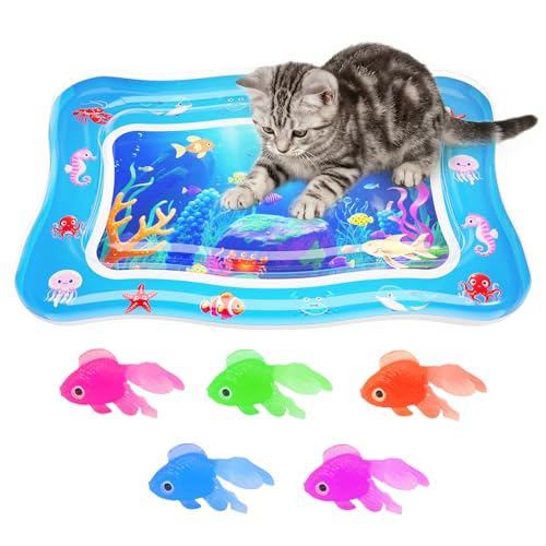 Aoioploa Cat Water Mat - Interactive Cat Toys Upgraded Thickened 0.7mm PVC Cooling & Heating Water Bed with Floating Fish,...