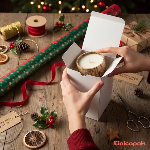 UnicoPak 30 Pack 4x4x6 White Gift Boxes with Lids - Tall Small Gift Boxes for 16oz Mason Jars, Candles, Mugs - Pop-Up Easy...