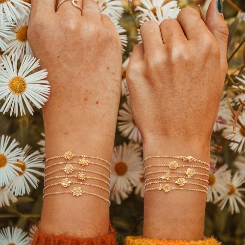 MYEARS Birth Flower Bracelets for Women Gold Sideways Charm 12 Months 14K Simple Dainty Chain Floral Jewelry Gift