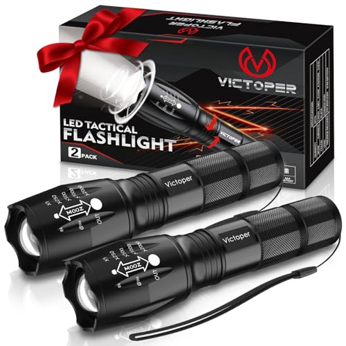 Victoper LED Flashlight 2 Pack, Bright Tactical Torch High Lumens with 5 Modes, Waterproof Zoomable Flash Light for Outdoo...