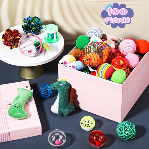 Lenwen 100 Pcs Cat Toys Set Bulk Cat Fur Mice Toys Variety Plastic Ball with Bell Furry Pompom Rattle Mouse Assorted Inter...