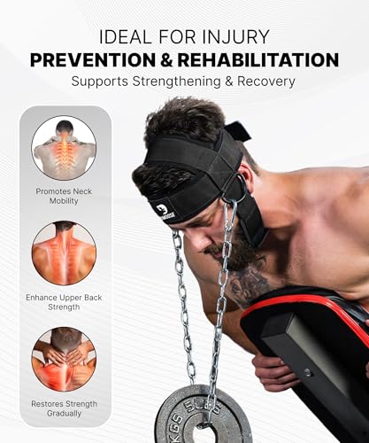DMoose Fitness Neck Harness for Weight Lifting - Soft Padded Head & Chin Strap with 30" Heavy Duty Steel Chain - Neck Exer...