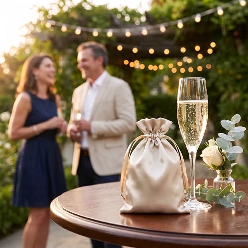 Knitial 50 Pack 3" x 4" Champagne Satin Gift Bags with Drawstring, Mini Jewelry Pouches, Wedding Favor Bags for Baby Showe...