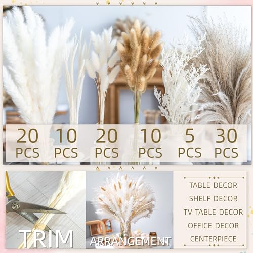 floradream 95 PCS Natural Pampas Grass Decor Bouquet | Boho Dried Floral Arrangement Centerpiece Table Decor Wedding Decor...