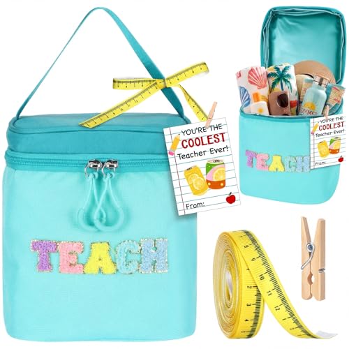Summer Teacher Appreciation Gifts Teach Chenille Letter Cooler Bag with Ribbon Thank You Tag Wooden Clamp Cooler Bag for E...