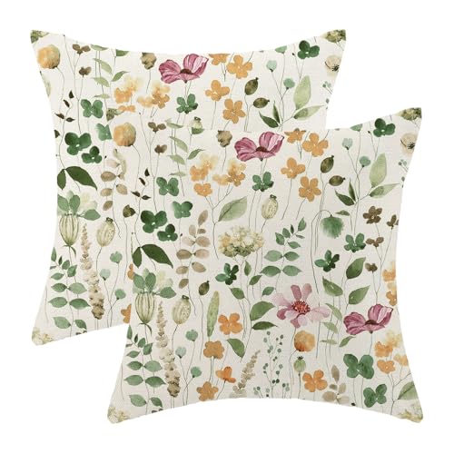 Yxuiyal Spring Pillow Covers 18x18 Set of 2 Green Pink Floral Leaves Throw Pillow Covers Decoration Summer Flower Plants F...
