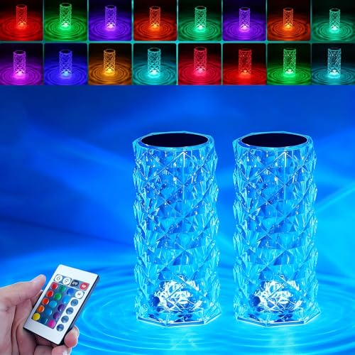 2Pack Crystal Table Lamp (Touch & Remote), 4 Modes 16 Color Changing Night Light, Rechargeable, Dimmable, RGB Rose Diamond...