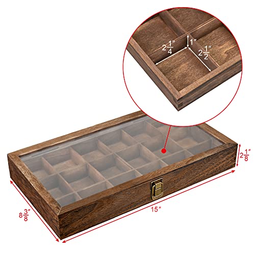 MOOCA Wooden Jewelry Display and Beads Display Storage Case with Tempered Glass Lid , 18 Compartments, 15" W x 8 3/8" L x ...