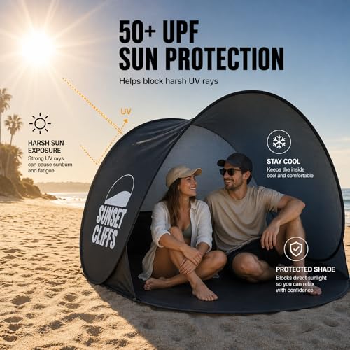 Sunset Cliffs Pop Up Beach Tent – 1-2 Person Portable Sun Shelter with UPF 50+ UV Protection – Lightweight Folding Shade C...