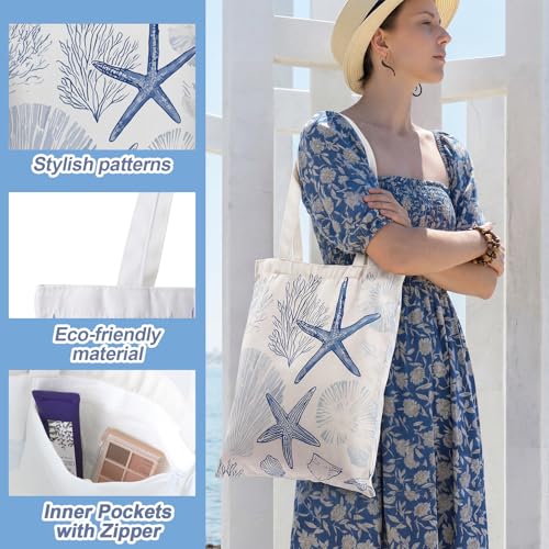 Reginary 6 Pcs Coastal Canvas Tote Bags with Pocket Summer Beach Themed Gifts Blue Seashell Starfish Conch Coral Pattern