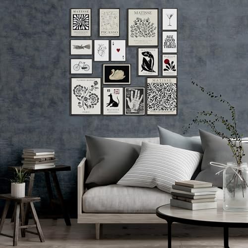 LANCHI95 16 PCS Black and White Home Decor, Eclectic Wall Art, Minimalist Posters for Living Room Aesthetic, Matisse Abstr...