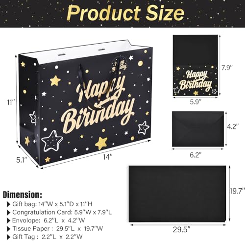 ZGORENDZ 14'' Large Gift Bag Gold Foil Happy Birthday Party Bag with Tissue Paper, Card, Envelope, Gift Tag