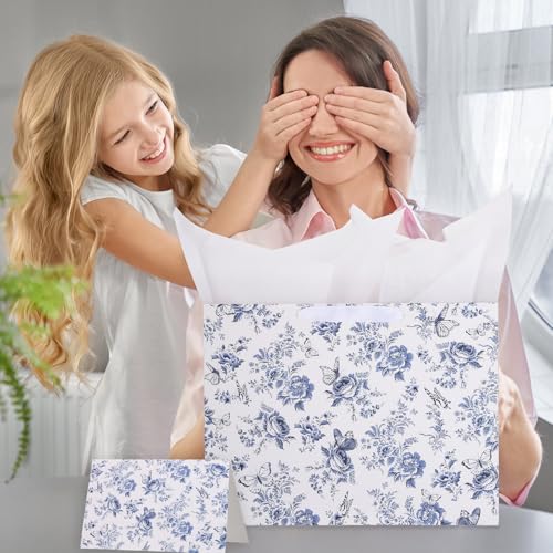 woric 14.5" Large Bridal Shower Gift Bag, Blue Floral Wedding Gift Bag with Greeting Card and Tissue Paper for Women Weddi...
