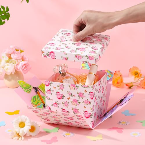 Mother's Day Butterfly Explosion Gift Box, Reusable Pink Floral DIY Unique Gift Box with Surprise Flying Butterfly and Flo...
