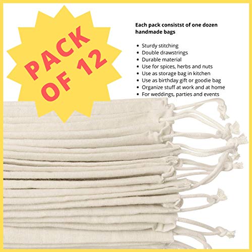 DR Cotton Muslin Drawstring Bags (5x7 Inch - 12-Pack) 100% Natural Unbleached Thick Cotton Bag for Gifts, Favors, Jewelry,...