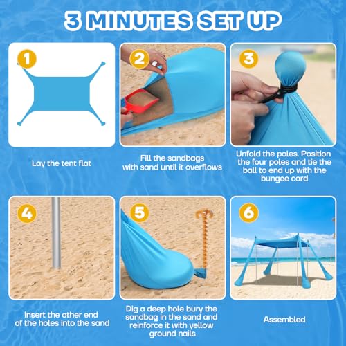 Beach Tent Canopy UPF50+ Protection, 10x10FT Beach Shade Sun Shelter Pop Up with 4 Stability Poles, Sandbags, Sand Shovel...