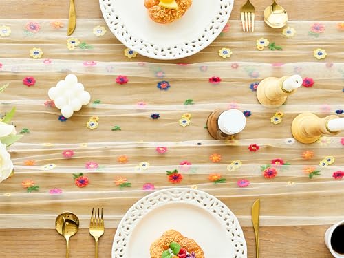 YATOJUZI Champagne Table Runner Embroidery Daisy Summer Floral Decorations Seasonal Tulle Dining Table Runners for Home Ki...
