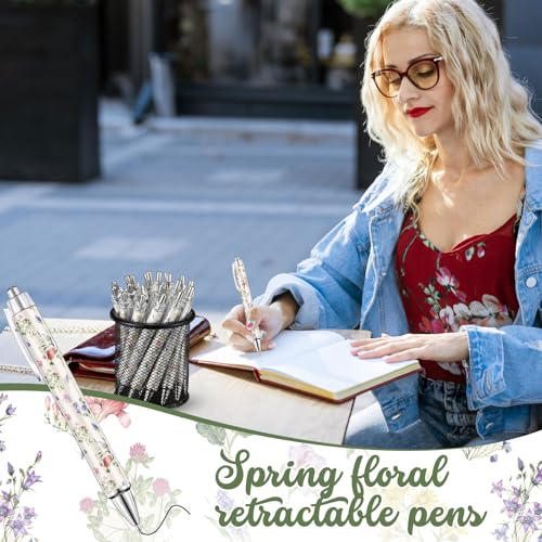 Spakon 32 Pcs Wildflower Ballpoint Pens Floral Art Novelty Gifts for Women 1.00 mm Black Ink Fashionable Retractable Ballp...