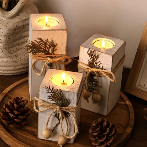 MelonBoat Rustic Flameless LED Candles 3-Pack, Battery Operated Candles with Wooden Candle Holders, White Rustic Farmhouse...