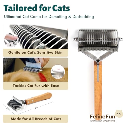 FelineFun Cat Brush for Dematting & Deshedding, 2 in 1 Undercoat Rake, Efficiently Remove Loose Hair & Matted Fur, Profess...
