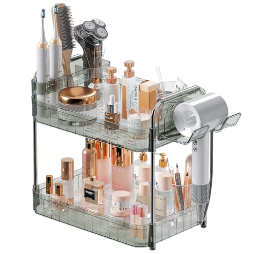 AmzAge Bathroom Counter Organizer, 2 Tier Makeup Skincare Storage Tray with Hair Dryer Holder and Toothbrush Rack, Perfume...