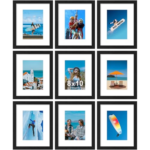 Vittanly 8x10 Picture Frames Set of 9, Shatter Resistant Plexiglass, Display 5x7 Pictures with Mat or 8x10 without Mat, Ph...