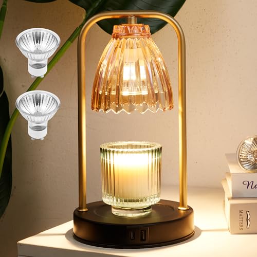 CATY&KITTEN Candle Warmer Lamp with Timer & Dimmer, Table lamp with USB and Type C Output,Dimmable Wax Melt Warmer with 2...