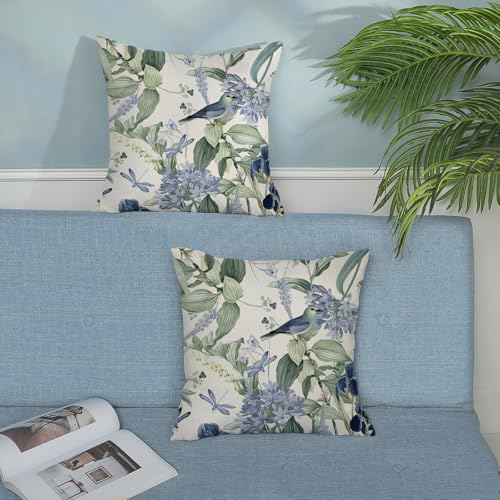 JEFERSO Chinoiserie Pillow Covers 18x18 Set of 2 Blue Green Floral Bird Pillow Cases Vintage Flower Seasonal Outdoor Throw...