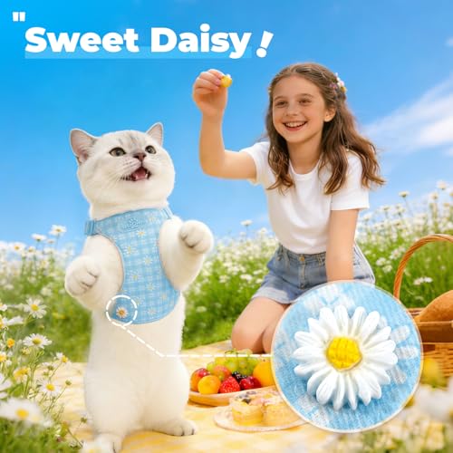 PETCARE Cute Cat Harness and Leash Set Blue Floral Daisy Cat Vest Harness Lightweight Adjustable Step in Spring Summer Sof...