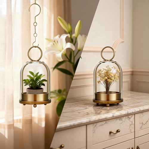 Havmorph 5"&4" Hurricane Glass Candle Holders, Hanging Brass Metal Candle Holder for Pillar Candles Table Coffee Table Dec...