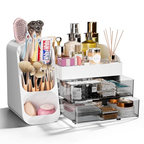Makeup Organizer with Drawers for Vanity Bathroom Counter Organizers and Storage, Large Skincare Organizer with Brush Toot...