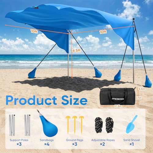 MoKo Beach Shade Canopy, 100 Sq.Ft. Wind-Supported Sunshade Sail for 4-6 People, Lightweight Easy Setup Beach Tent with UP...