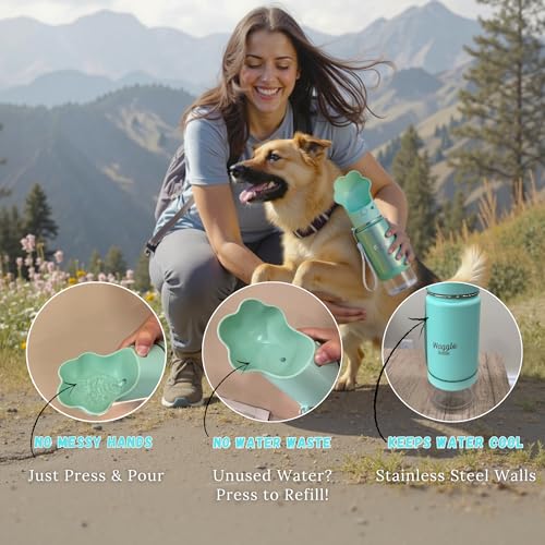 Waggle Bottle Stainless Steel Dog Travel Water Bottle, Vacuum Insulated Portable Dog Water Dispenser, Drink Cup and Snack ...
