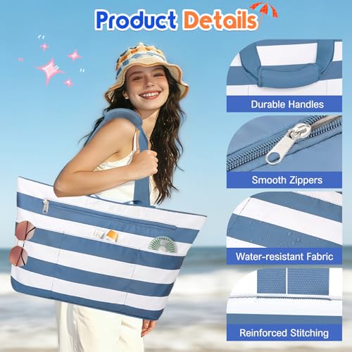 BKNOOU Extra Large Beach Bags Waterproof Sandproof XL Beach Tote Bag for Women Zipper Foldable Swim Pool Bag with Wet Pocket