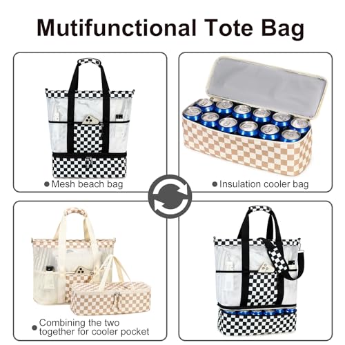Bluboon Mesh Beach Tote Bag with Cooler Compartment Insulated Detachable Picnic Bag with Zipper and Pocket Pool Bag for Women