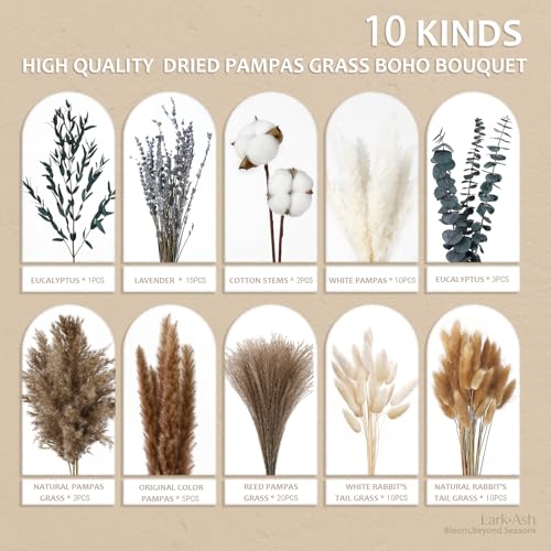 Natural Dried Flower Bouquet – Pampas Grass, Cotton Stems, Bunny Tails Grass, Eucalyptus and Lavender for Western Boho Dec...