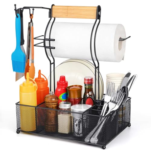FANGSUN Grill Caddy, BBQ Caddy with Paper Towel Holder, Picnic Condiment Utensil Caddy for Outdoor Camping, Barbecue Acces...