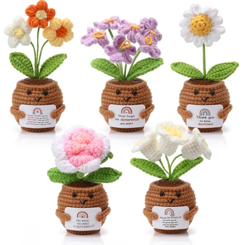 Geelin 6 Sets Positive Teacher Appreciation Gift Mini Crochet Flower Potted Doll with Card Emotional Rose Daisy Support Th...