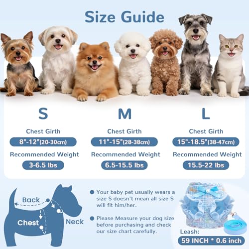 ABRRLO Small Dog Harness and Leash Set Soft Breathable Mesh No Pull Puppy Harness with Bowknot Adjustable Cute Blue Dog Ve...