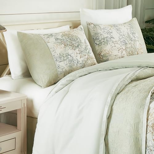 Chezmoi Collection Rosaline 7-Piece Floral Botanical Comforter Set King - Floral Embroidery Soft Green Gray Floral Printed...